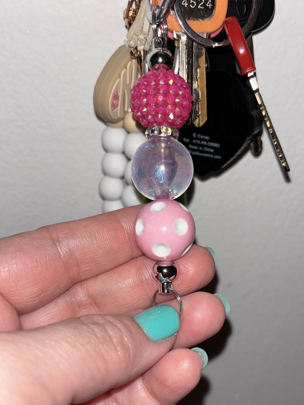 Handmade Pink Polka Dot Bead Keychain Charm
